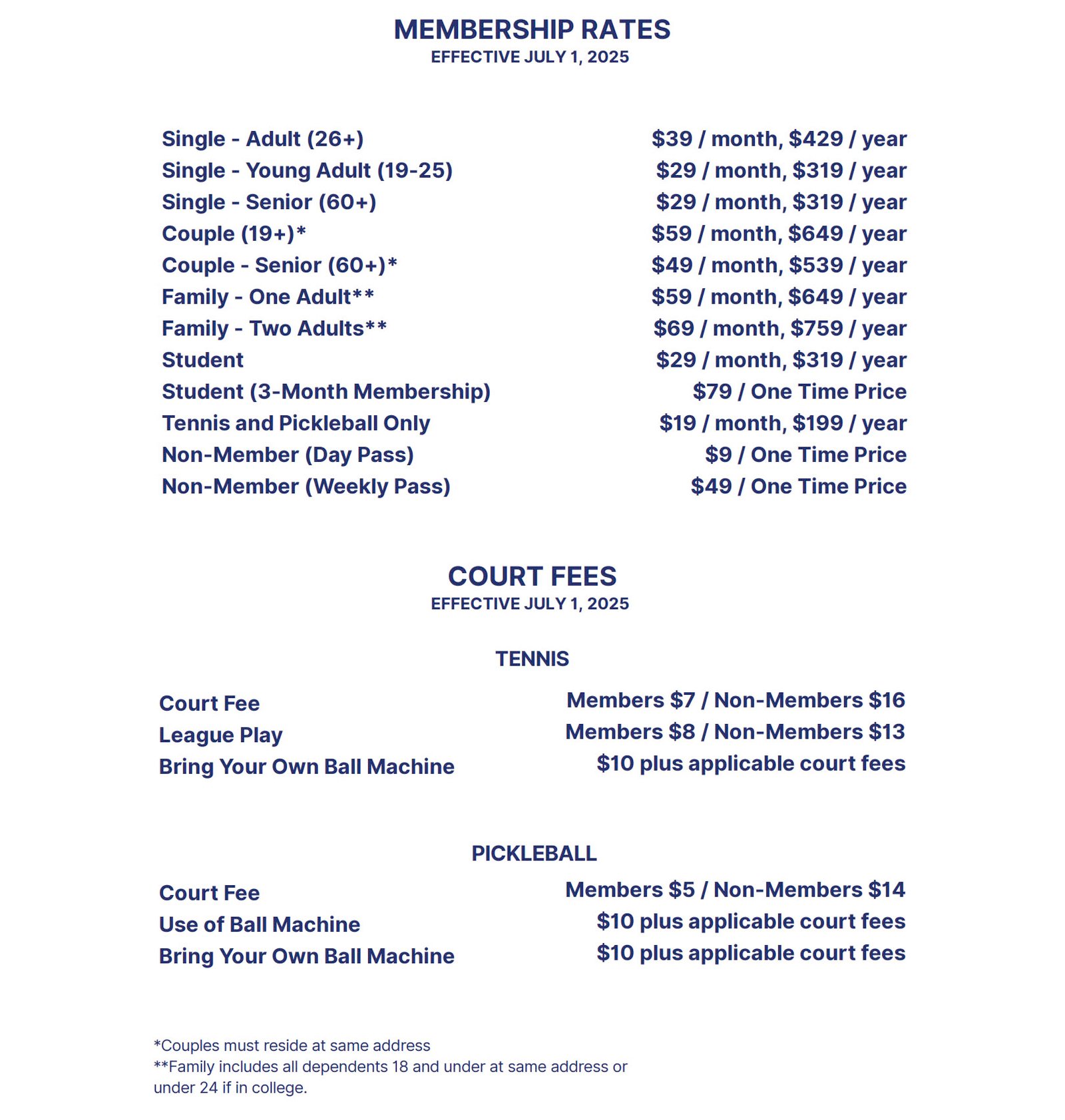 Lifestyle Fitness and Tennis Membership Rates